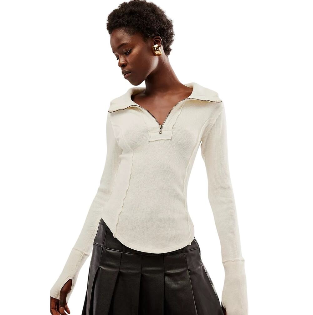 We The Free Steal My Sunshine Top Cream Lightweight Asymmetric Zip-Up Knit Small